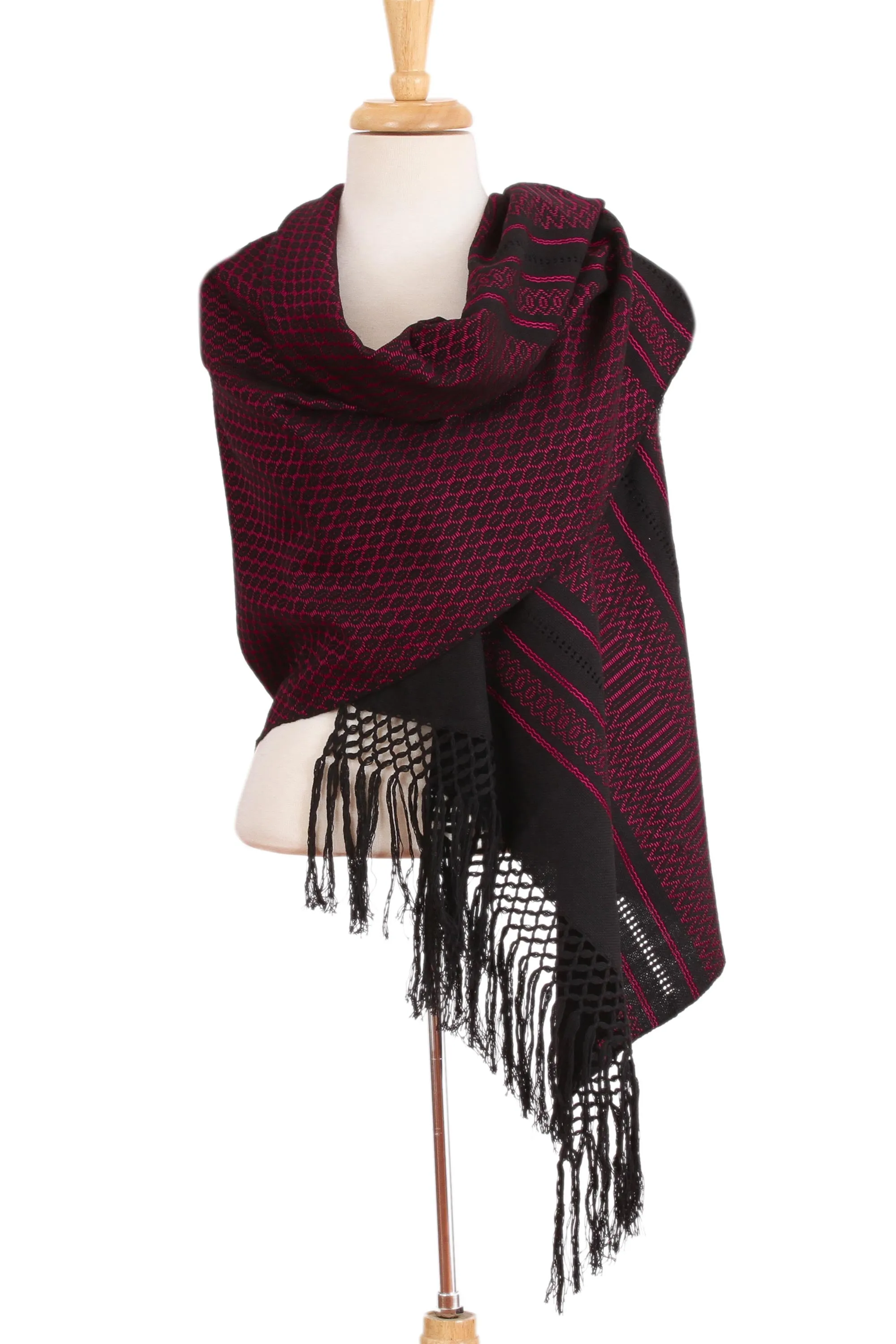 Zapotec Handwoven Rebozo Shawl in Black and Fuchsia - Zapotec Fiesta in Fuchsia | NOVICA