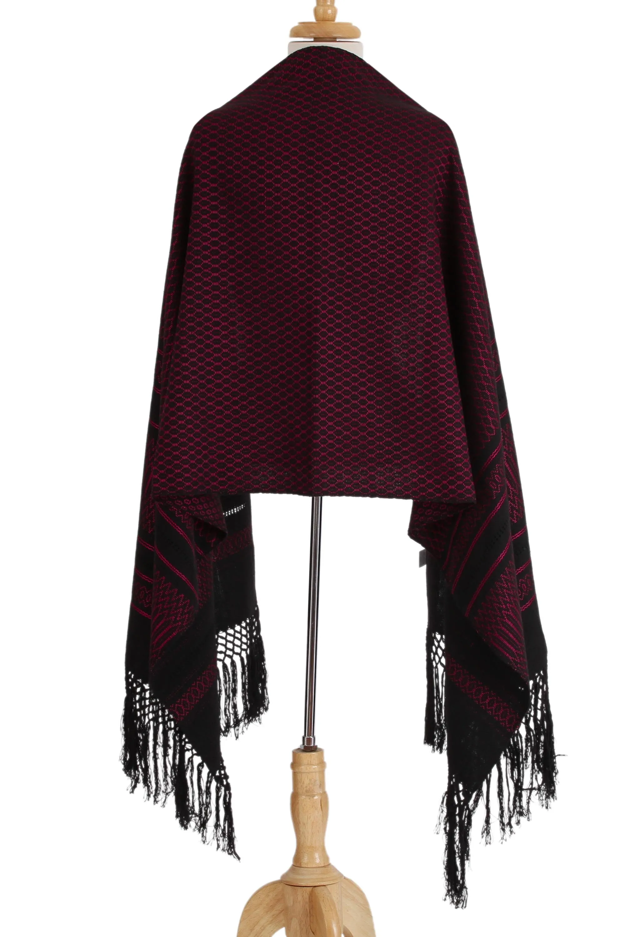 Zapotec Handwoven Rebozo Shawl in Black and Fuchsia - Zapotec Fiesta in Fuchsia | NOVICA